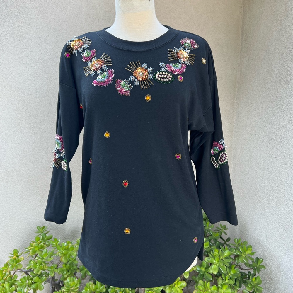 Vintage glam black tunic top embellishments beads sequins floral Medium Eminent